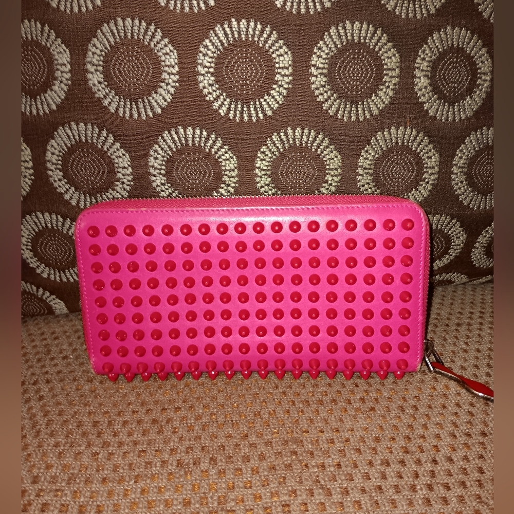 Christian Louboutin Pink Leather Spiked Zippy Wallet
